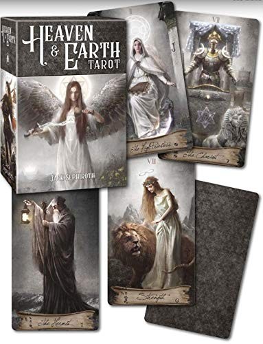 Cartas de tarot Heaven & Earth com imagens mitológicas em tons cinzentos