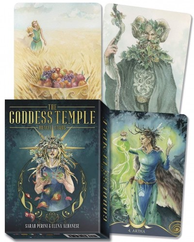 Cartas de tarô 'The Goddess Temple Oracle Cards' com caixa preta e três cartas ilustradas visíveis