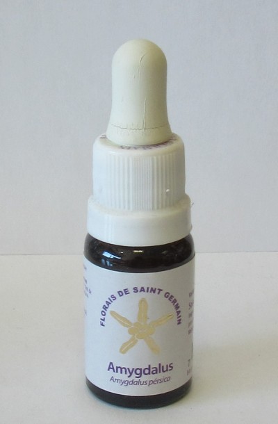 Frasco pequeno de vidro castanho com conta-gotas branco e rótulo branco com texto roxo e dourado