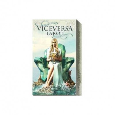 Caixa do baralho Viceversa Tarot com imagem de mulher loira em vestido branco num trono verde.