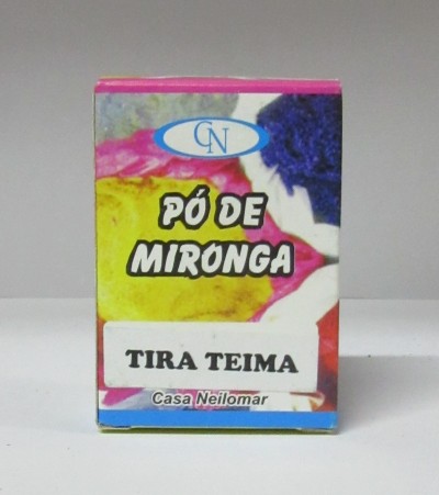 Embalagem colorida de Pó de Mironga com textos e fundo neutro