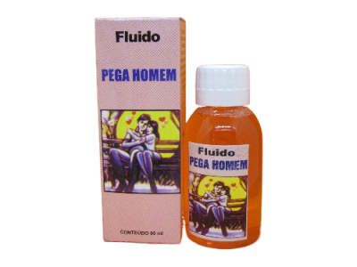 Frasco pequeno de vidro com líquido laranja e caixa rosa com texto e imagem de casal sentado