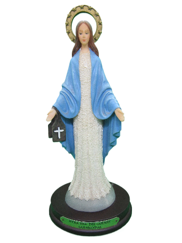 Estátua de Nossa Senhora com manto azul e vestido branco rendado