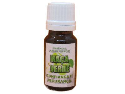 Frasco pequeno de essência aromaterapia maçã verde com rótulo branco e tampa branca