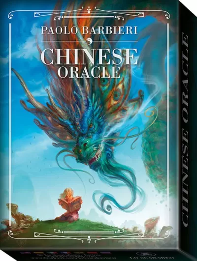 Caixa do baralho CHINESE ORACLE com dragão azul e figura a ler livro.