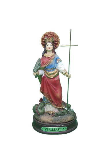 Estátua colorida de Santa Marta com base oval e placa STA. MARTA