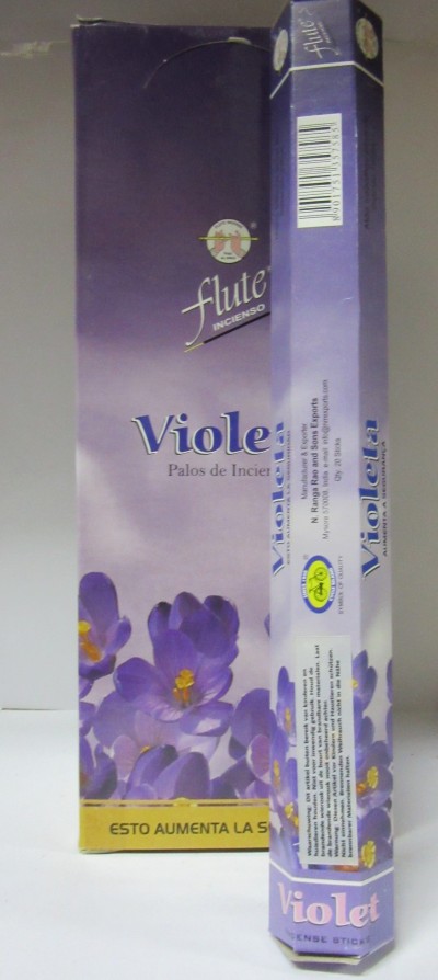 Embalagem roxa de vareta de incenso Violet da marca Flute com flores violetas e selo de qualidade.