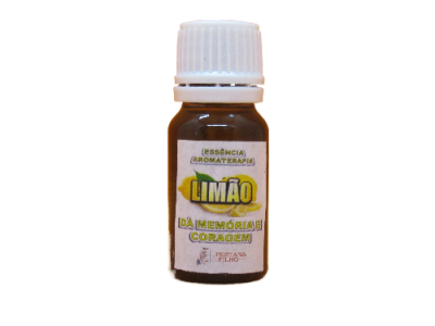 Frasco pequeno de essência aromaterapia de limão com rótulo branco e texto colorido.
