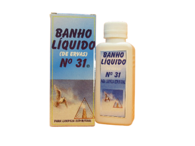 Frasco e caixa de banho líquido de ervas Nº 31 para limpeza espiritual com pirâmide e gaivota