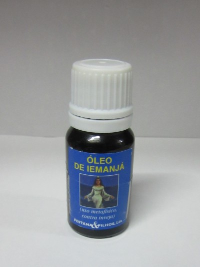 Frasco pequeno de óleo com etiqueta azul e tampa branca