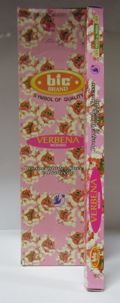 Embalagem de incenso bic verbena com padrão floral rosa e texto em português