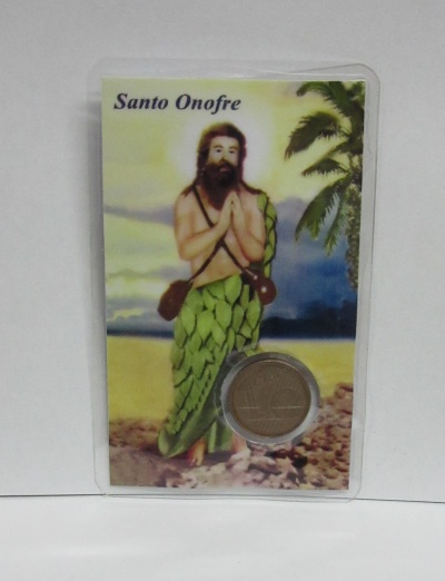 Cartão com imagem do Santo Onofre e moeda inserida