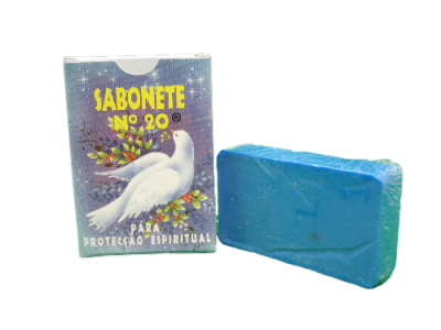 Sabonete Nº 20 azul com embalagem com pomba branca e texto para proteção espiritual