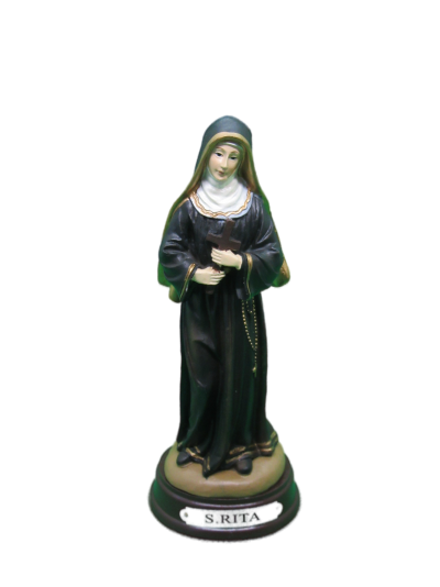 Estatueta de Santa Rita em hábito preto e branco segurando crucifixo e terço, base redonda com texto RITA