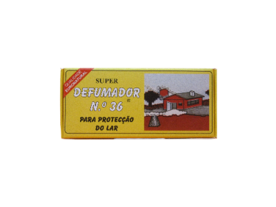 Embalagem amarela do produto SUPER DEFUMADOR N.º 36 com texto e ilustração de uma casa