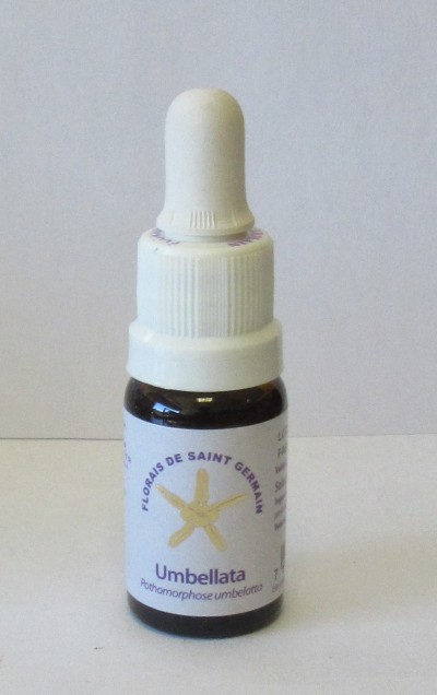 Frasco pequeno de vidro castanho com conta-gotas branco e rótulo branco com texto e selo de flor amarela.