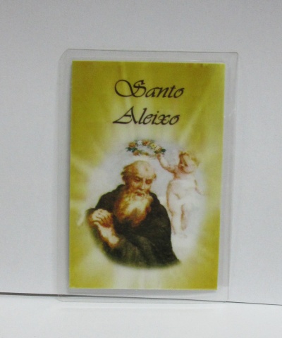Cartão religioso Santo Aleixo com imagem de santo e menino