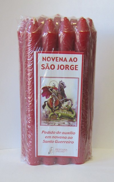 Pacote de velas vermelhas Novena ao São Jorge com imagem de São Jorge e texto.