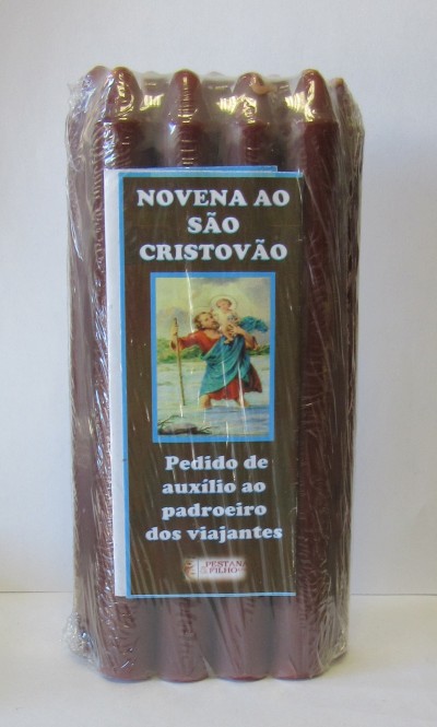 Pacote de velas castanhas para novena a São Cristóvão com rótulo azul e branca