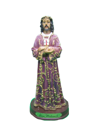 Estatua decorativa de Jesus Mediador em roupa roxa com detalhes dourados