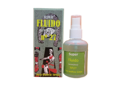 Frasco de Super Fluido nº 27 e caixa verde com texto para quebrar inveja