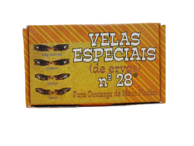 Caixa amarela de velas especiais de ervas n.º 28 com texto e ilustrações de olhos