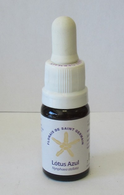 Frasco pequeno com conta-gotas e rótulo de floral Lótus Azul