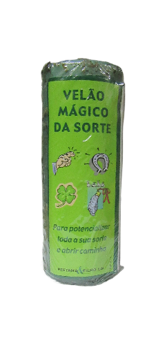 vela mágica verde com inscrições e desenhos para sorte