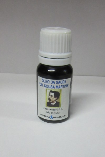 Frasco pequeno de óleo da saúde Dr. Sousa Martins com etiqueta e tampa branca