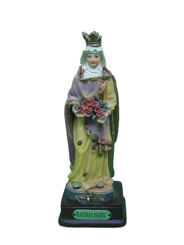 Estátua da Rainha Isabel colorida em resina com base preta e placa identificativa.