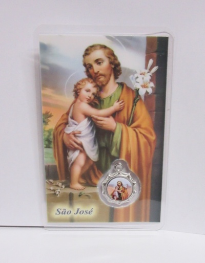 Cartão religioso de São José com imagem colorida e medalhão metálico
