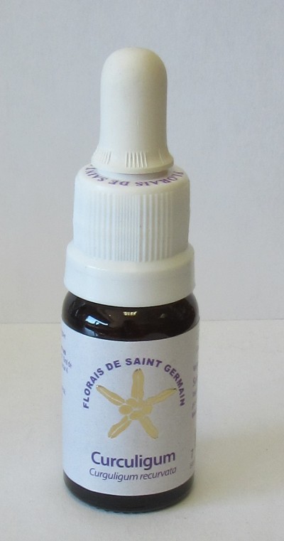 Frasco pequeno de vidro castanho com conta-gotas branco de produto floral Curculigum.