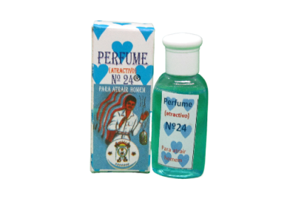 Frasco pequeno de perfume azul com caixa azul e branca com texto e imagem de homem