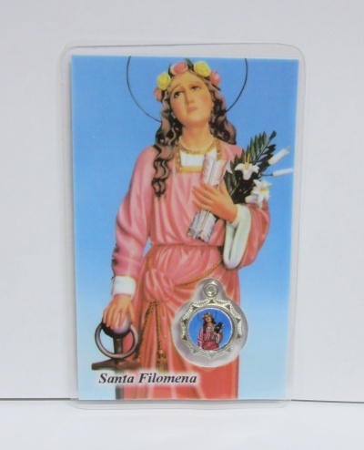 Imagem de Santa Filomena em cartão azul com medalha prateada