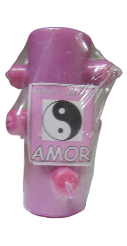 Vela cor-de-rosa com símbolos de Yin Yang e a palavra AMOR
