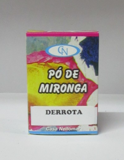 Embalagem colorida de pó de mironga com texto Derrota