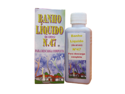 Frasco e caixa de Banho Líquido N. 47 com texto e imagem de casas e árvores