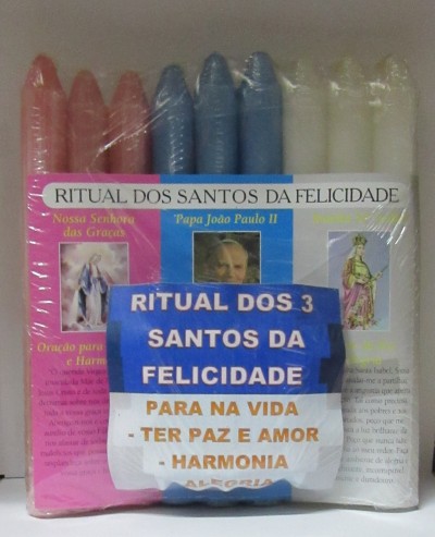 Conjunto de velas rosa, azul e branca embaladas para ritual dos santos da felicidade