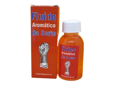 Fluido aromático da sorte em frasco e caixa laranja com texto azul e branco e imagem de punho fechado