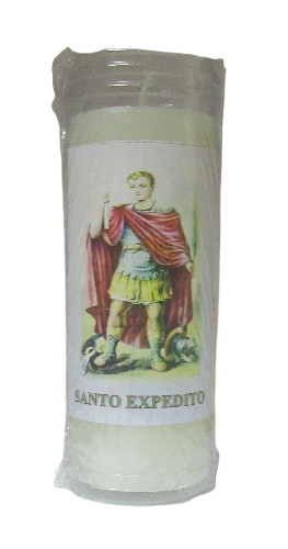 Vela branca em vidro com imagem de Santo Expedito e texto