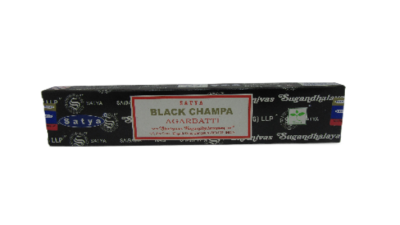 Caixa preta de incenso Satya Black Champa com texto e padrão branco e azul