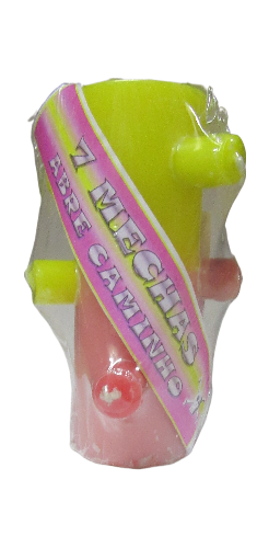 Produto decorativo colorido com etiqueta rosa e texto 7 MECHAS ABRE CAMINHO