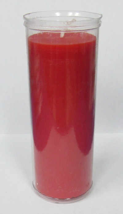 Vela vermelha cilíndrica em recipiente transparente