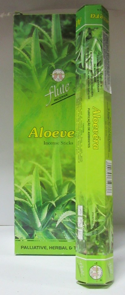 Embalagem de incenso Aloe Vera verde com folhas de aloe e texto explicativo