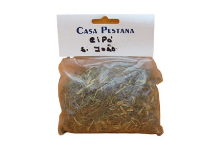 Saco com erva seca e etiqueta com texto manuscrito