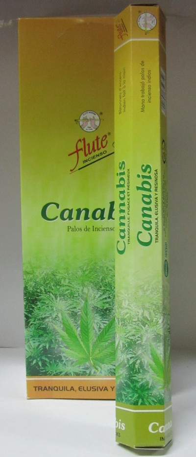 Caixa amarela e verde de incensos Flute Canabis com folhas de canábis e texto em espanhol