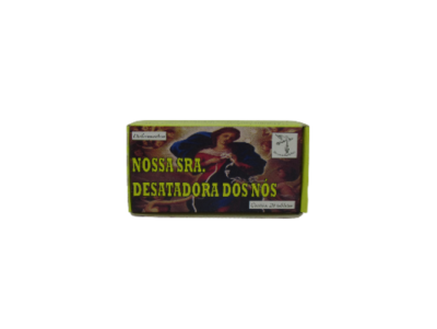 Caixa verde com imagem religiosa e texto Nossa Sra. Desatadora dos Nós