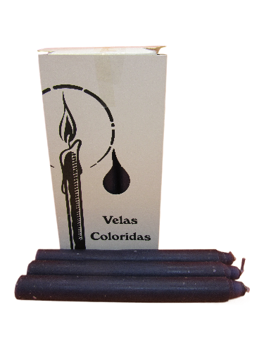 Conjunto de velas coloridas roxas com caixa branca etiquetada