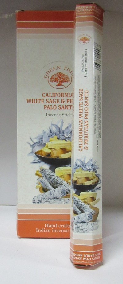 Embalagem de incenso Green Tree com texto Californian White Sage & Peruvian Palo Santo e imagens de pauzinhos de incenso