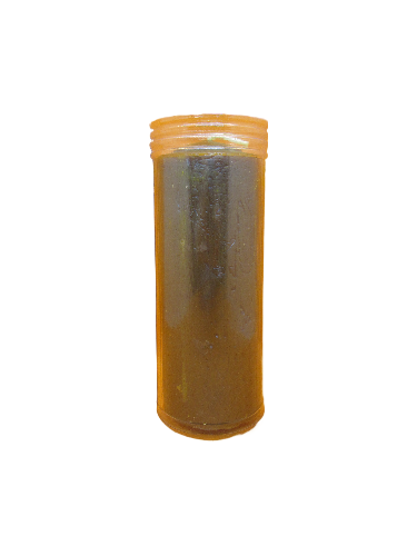 Frasco cilíndrico transparente com tampa laranja e pó escuro no interior